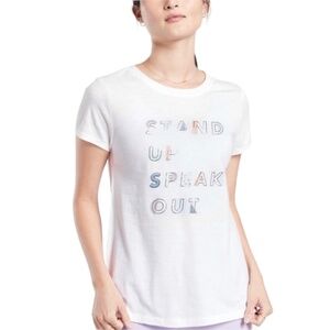 ATHLETA GIRL White Tee Girl's Size US S/7 Stand up Speak out Organic Cotton NEW